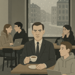 Ein kühler Berliner Wintertag. Innenansicht eines minimalistischen Cafés mit klaren Linien, nüchternem Mobiliar und reduzierter Farbpalette (Grau, Beige, Schwarz). Im Zentrum: Eine Figur im steifen Anzug, mit ernster Miene, einen Earl Grey Tee haltend – deutlich fehl am Platz zwischen jungen Menschen in lässigen Hoodies, MacBooks vor sich, verträumt in Diskussionen vertieft. Die Figur wirkt wie ein Büroangestellter aus einem anderen Jahrzehnt, umgeben von Szene-Kreativen in ironisch-lässiger Pose. Draußen vor dem Fenster: Schneefall über grauen Berliner Straßen, ein einsamer Aktenkoffer im Schnee. Stilmerkmale: Flächige Darstellung, kühle Farbigkeit, distanzierte Perspektive, emotionslose Mimik – sachlich und leicht grotesk.