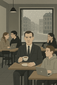 Ein kühler Berliner Wintertag. Innenansicht eines minimalistischen Cafés mit klaren Linien, nüchternem Mobiliar und reduzierter Farbpalette (Grau, Beige, Schwarz). Im Zentrum: Eine Figur im steifen Anzug, mit ernster Miene, einen Earl Grey Tee haltend – deutlich fehl am Platz zwischen jungen Menschen in lässigen Hoodies, MacBooks vor sich, verträumt in Diskussionen vertieft. Die Figur wirkt wie ein Büroangestellter aus einem anderen Jahrzehnt, umgeben von Szene-Kreativen in ironisch-lässiger Pose. Draußen vor dem Fenster: Schneefall über grauen Berliner Straßen, ein einsamer Aktenkoffer im Schnee. Stilmerkmale: Flächige Darstellung, kühle Farbigkeit, distanzierte Perspektive, emotionslose Mimik – sachlich und leicht grotesk.