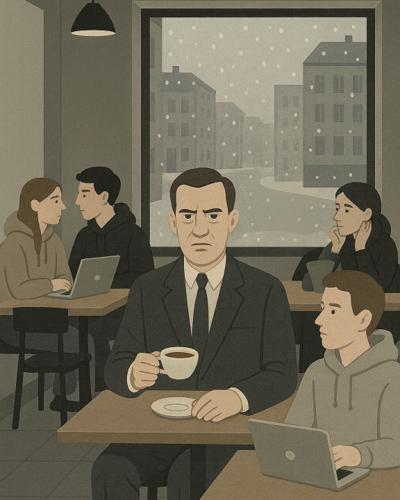 Ein kühler Berliner Wintertag. Innenansicht eines minimalistischen Cafés mit klaren Linien, nüchternem Mobiliar und reduzierter Farbpalette (Grau, Beige, Schwarz). Im Zentrum: Eine Figur im steifen Anzug, mit ernster Miene, einen Earl Grey Tee haltend – deutlich fehl am Platz zwischen jungen Menschen in lässigen Hoodies, MacBooks vor sich, verträumt in Diskussionen vertieft. Die Figur wirkt wie ein Büroangestellter aus einem anderen Jahrzehnt, umgeben von Szene-Kreativen in ironisch-lässiger Pose. Draußen vor dem Fenster: Schneefall über grauen Berliner Straßen, ein einsamer Aktenkoffer im Schnee. Stilmerkmale: Flächige Darstellung, kühle Farbigkeit, distanzierte Perspektive, emotionslose Mimik – sachlich und leicht grotesk.