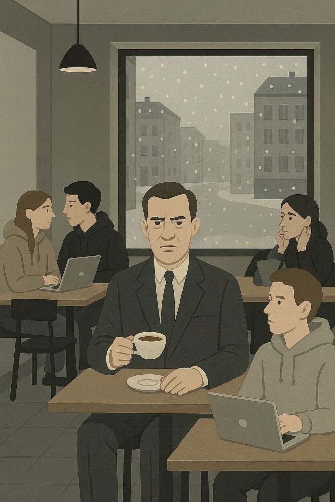 Ein kühler Berliner Wintertag. Innenansicht eines minimalistischen Cafés mit klaren Linien, nüchternem Mobiliar und reduzierter Farbpalette (Grau, Beige, Schwarz). Im Zentrum: Eine Figur im steifen Anzug, mit ernster Miene, einen Earl Grey Tee haltend – deutlich fehl am Platz zwischen jungen Menschen in lässigen Hoodies, MacBooks vor sich, verträumt in Diskussionen vertieft. Die Figur wirkt wie ein Büroangestellter aus einem anderen Jahrzehnt, umgeben von Szene-Kreativen in ironisch-lässiger Pose. Draußen vor dem Fenster: Schneefall über grauen Berliner Straßen, ein einsamer Aktenkoffer im Schnee. Stilmerkmale: Flächige Darstellung, kühle Farbigkeit, distanzierte Perspektive, emotionslose Mimik – sachlich und leicht grotesk.