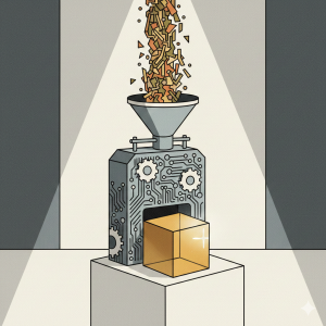 Eine Illustration im Stil der Neuen Sachlichkeit/Bauhaus zeigt eine präzise, geometrische KI-Maschine mit Zahnrädern und Schaltkreisen. Von oben wird ein chaotischer Strom aus verzerrten, fragmentierten Linien und unklaren Formen in gedeckten Farben in die Maschine geleitet. Unten gibt die Maschine einen perfekt geformten, aber leer und hohl wirkenden goldenen Würfel aus, der auf einem weißen Podest steht. Der Hintergrund ist minimalistisch und steril, beleuchtet von einem scharfen Lichtkegel. Das Bild symbolisiert das "Garbage In, Garbage Out"-Prinzip in der KI-Mediaplanung.