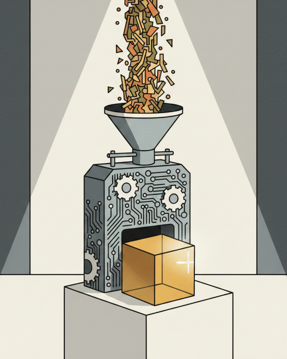 Eine Illustration im Stil der Neuen Sachlichkeit/Bauhaus zeigt eine präzise, geometrische KI-Maschine mit Zahnrädern und Schaltkreisen. Von oben wird ein chaotischer Strom aus verzerrten, fragmentierten Linien und unklaren Formen in gedeckten Farben in die Maschine geleitet. Unten gibt die Maschine einen perfekt geformten, aber leer und hohl wirkenden goldenen Würfel aus, der auf einem weißen Podest steht. Der Hintergrund ist minimalistisch und steril, beleuchtet von einem scharfen Lichtkegel. Das Bild symbolisiert das "Garbage In, Garbage Out"-Prinzip in der KI-Mediaplanung.