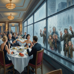 Gemälde, das einen starken Kontrast zwischen Armut und Reichtum zeigt. Im Vordergrund feiern elegant gekleidete Menschen in einem luxuriösen Restaurant mit Champagner und Meeresfrüchten. Ein Mann fotografiert eine Frau am Tisch. Durch die großen, teils gesprungenen Fensterscheiben im Hintergrund blicken hungrige, arm gekleidete Männer, Frauen und Kinder von der Straße herein, einige mit ihren Händen an der Scheibe.