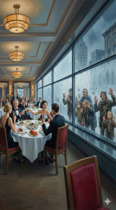 Gemälde, das einen starken Kontrast zwischen Armut und Reichtum zeigt. Im Vordergrund feiern elegant gekleidete Menschen in einem luxuriösen Restaurant mit Champagner und Meeresfrüchten. Ein Mann fotografiert eine Frau am Tisch. Durch die großen, teils gesprungenen Fensterscheiben im Hintergrund blicken hungrige, arm gekleidete Männer, Frauen und Kinder von der Straße herein, einige mit ihren Händen an der Scheibe.