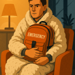 Provokative Illustration für einen Blogartikel über fehlende gesellschaftliche Resilienz: Eine erwachsene Person sitzt in eine flauschige Wolldecke gewickelt auf einem gemütlichen Sessel, hält aber gleichzeitig einen Notfallrucksack fest im Arm – ernst, wachsam, bereit. Der Raum ist warm beleuchtet, doch im Hintergrund deutet ein kaltes, bedrohliches Licht auf eine unsichere Außenwelt hin. Moderner, reduzierter Stil, starke symbolische Spannung zwischen Komfort und Krisenbewusstsein