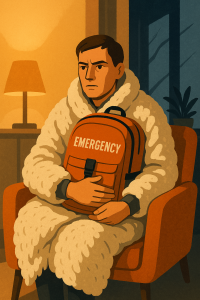 Provokative Illustration für einen Blogartikel über fehlende gesellschaftliche Resilienz: Eine erwachsene Person sitzt in eine flauschige Wolldecke gewickelt auf einem gemütlichen Sessel, hält aber gleichzeitig einen Notfallrucksack fest im Arm – ernst, wachsam, bereit. Der Raum ist warm beleuchtet, doch im Hintergrund deutet ein kaltes, bedrohliches Licht auf eine unsichere Außenwelt hin. Moderner, reduzierter Stil, starke symbolische Spannung zwischen Komfort und Krisenbewusstsein
