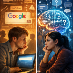 Zweiteiliges Bild im Hochformat: Links ein Blogger aus dem Jahr 2015, der nachdenklich auf einen Laptop mit Google-Suchleiste und SEO-Symbolen blickt. Rechts eine Creatorin im Jahr 2025, die vor einer KI-Holografie mit Datenströmen und Fragezeichen sitzt. Beide wirken nachdenklich – symbolisch für den Wandel von Suchmaschinen- zu KI-getriebenem Content.