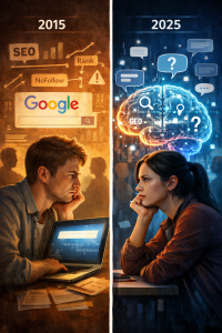 Zweiteiliges Bild im Hochformat: Links ein Blogger aus dem Jahr 2015, der nachdenklich auf einen Laptop mit Google-Suchleiste und SEO-Symbolen blickt. Rechts eine Creatorin im Jahr 2025, die vor einer KI-Holografie mit Datenströmen und Fragezeichen sitzt. Beide wirken nachdenklich – symbolisch für den Wandel von Suchmaschinen- zu KI-getriebenem Content.