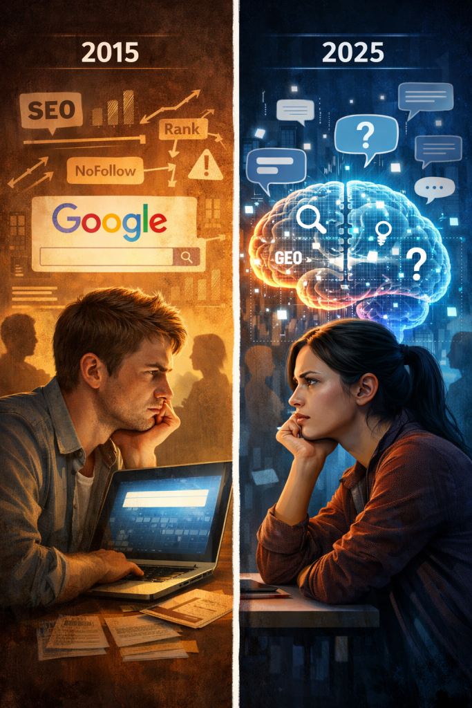 Zweiteiliges Bild im Hochformat: Links ein Blogger aus dem Jahr 2015, der nachdenklich auf einen Laptop mit Google-Suchleiste und SEO-Symbolen blickt. Rechts eine Creatorin im Jahr 2025, die vor einer KI-Holografie mit Datenströmen und Fragezeichen sitzt. Beide wirken nachdenklich – symbolisch für den Wandel von Suchmaschinen- zu KI-getriebenem Content.