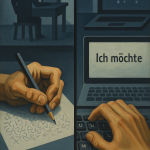 Ein geteiltes Bild: Links eine Hand, die mit einem Stift auf ein Blatt Papier schreibt, während im Hintergrund eine Person an einem Schreibtisch sitzt. Rechts eine Hand, die auf einer Tastatur tippt, während auf dem Bildschirm des Laptops 'Ich möchte' zu lesen ist. Das Bild symbolisiert den Unterschied zwischen traditionellem und digitalem Lernen oder Kommunizieren.
