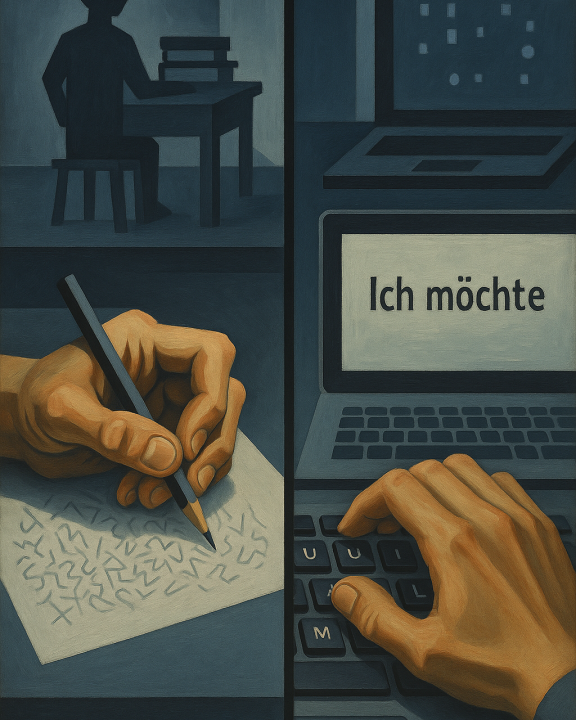 Ein geteiltes Bild: Links eine Hand, die mit einem Stift auf ein Blatt Papier schreibt, während im Hintergrund eine Person an einem Schreibtisch sitzt. Rechts eine Hand, die auf einer Tastatur tippt, während auf dem Bildschirm des Laptops 'Ich möchte' zu lesen ist. Das Bild symbolisiert den Unterschied zwischen traditionellem und digitalem Lernen oder Kommunizieren.