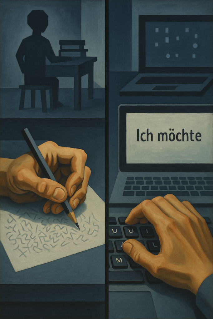 Ein geteiltes Bild: Links eine Hand, die mit einem Stift auf ein Blatt Papier schreibt, während im Hintergrund eine Person an einem Schreibtisch sitzt. Rechts eine Hand, die auf einer Tastatur tippt, während auf dem Bildschirm des Laptops 'Ich möchte' zu lesen ist. Das Bild symbolisiert den Unterschied zwischen traditionellem und digitalem Lernen oder Kommunizieren.