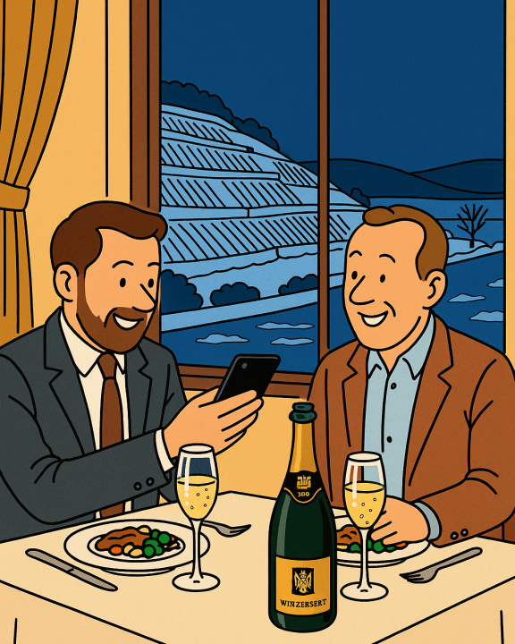Zwei Männer sitzen in einem gemütlichen Restaurant beim Abendessen. Beide lächeln; der Mann links zeigt dem anderen etwas auf seinem Smartphone. Vor ihnen stehen Teller mit Essen sowie zwei gefüllte Sektgläser und eine große Flasche Winzersekt auf dem Tisch. Durch das Fenster im Hintergrund sieht man eine winterliche, terrassierte Weinbergslandschaft in Blautönen.