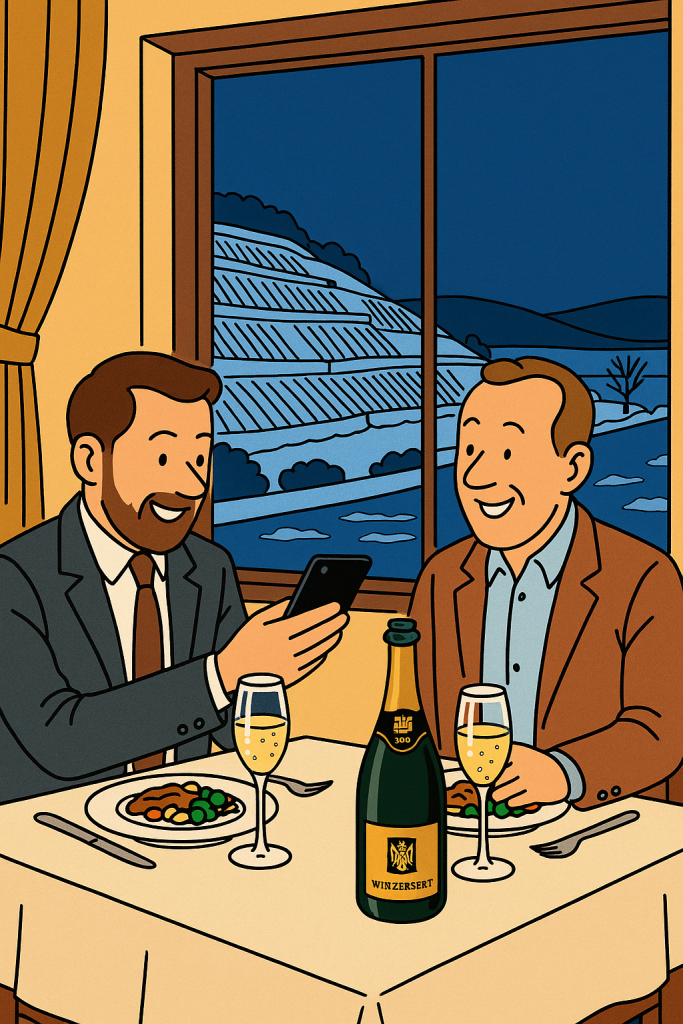 Zwei Männer sitzen in einem gemütlichen Restaurant beim Abendessen. Beide lächeln; der Mann links zeigt dem anderen etwas auf seinem Smartphone. Vor ihnen stehen Teller mit Essen sowie zwei gefüllte Sektgläser und eine große Flasche Winzersekt auf dem Tisch. Durch das Fenster im Hintergrund sieht man eine winterliche, terrassierte Weinbergslandschaft in Blautönen.