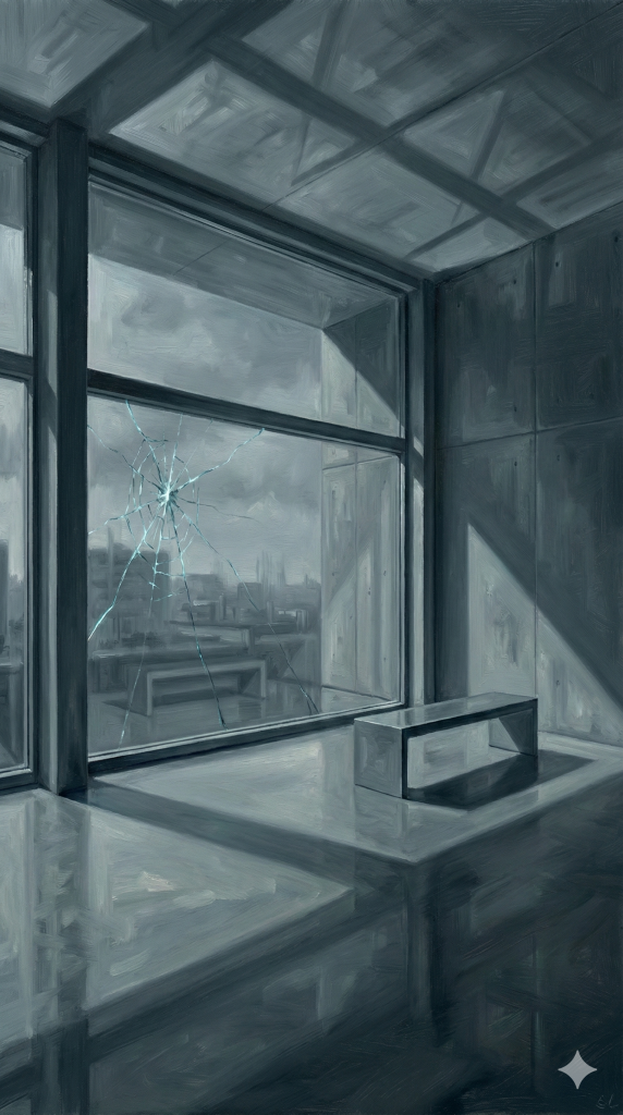 Ein realistisches Ölgemälde in kühlen Grau- und Blautönen zeigt einen kargen, modernen Raum. Ein großes Fenster mit einem ausgeprägten Spinnennetz-Riss dominiert die Szene, durch das eine düstere Stadtlandschaft sichtbar ist. Vor dem Fenster steht eine schlichte Betonbank. Ein scharfer Lichtstrahl wirft ein geometrisches Licht- und Schattenmuster auf den Boden und die Wand, wobei der Schatten der Bank lang gezogen wird. Die Atmosphäre ist angespannt und kühl.