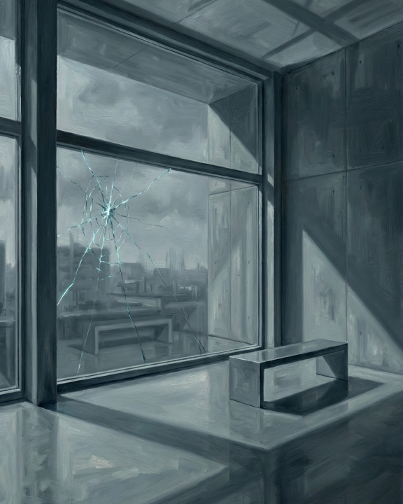 Ein realistisches Ölgemälde in kühlen Grau- und Blautönen zeigt einen kargen, modernen Raum. Ein großes Fenster mit einem ausgeprägten Spinnennetz-Riss dominiert die Szene, durch das eine düstere Stadtlandschaft sichtbar ist. Vor dem Fenster steht eine schlichte Betonbank. Ein scharfer Lichtstrahl wirft ein geometrisches Licht- und Schattenmuster auf den Boden und die Wand, wobei der Schatten der Bank lang gezogen wird. Die Atmosphäre ist angespannt und kühl.