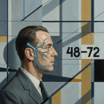 Ölgemälde im Stil der Neuen Sachlichkeit, das einen Mann im Profil mit einem geometrischen Trigeminusnerv-Diagramm auf dem Gesicht zeigt. Die Zahlen '48–72' und die strenge, kühle Ästhetik des Bildes wirken wie ein gesundheitlicher Warnschuss.