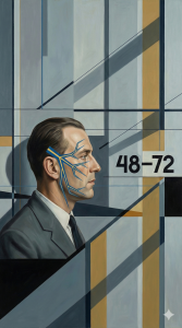Ölgemälde im Stil der Neuen Sachlichkeit, das einen Mann im Profil mit einem geometrischen Trigeminusnerv-Diagramm auf dem Gesicht zeigt. Die Zahlen '48–72' und die strenge, kühle Ästhetik des Bildes wirken wie ein gesundheitlicher Warnschuss.