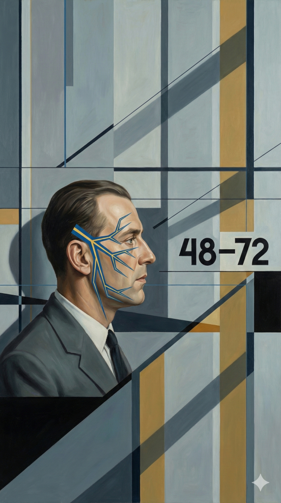 Ölgemälde im Stil der Neuen Sachlichkeit, das einen Mann im Profil mit einem geometrischen Trigeminusnerv-Diagramm auf dem Gesicht zeigt. Die Zahlen '48–72' und die strenge, kühle Ästhetik des Bildes wirken wie ein gesundheitlicher Warnschuss.