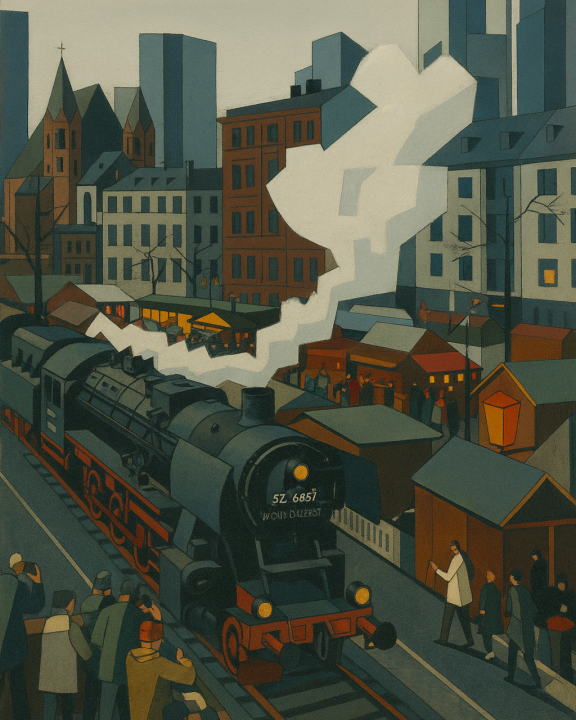 Eine alte deutsche Dampflok als Sichtbarkeitsbooster für den FRankfurter Weihnachtsmarkt steht qualmend am Haltepunkt Eiserner Steg