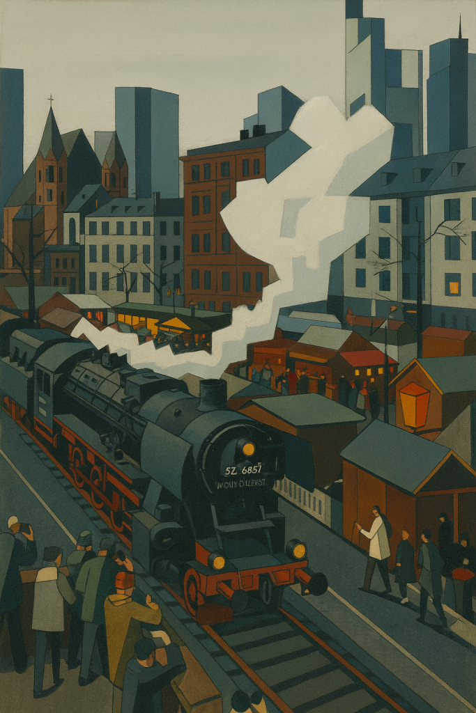 Eine alte deutsche Dampflok als Sichtbarkeitsbooster für den FRankfurter Weihnachtsmarkt steht qualmend am Haltepunkt Eiserner Steg