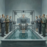 Ein surrealistisches Ölgemälde im Stil der Neuen Sachlichkeit: Eine moderne Interpretation der Hexenprobe, bei der eine Frau in einem futuristischen Apparat thront, umgeben von stehendem Wasser und einer Gruppe sachlich beobachtender Personen in Anzügen. Die Szene verbindet historische Anklänge an Aberglauben mit technokratischer Kälte und geometrischer Präzision.