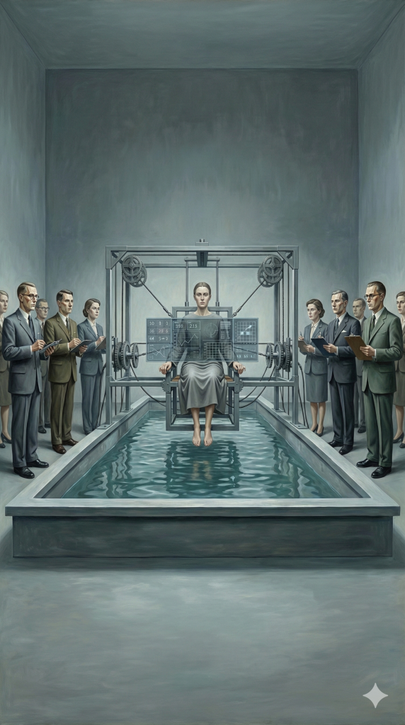 Ein surrealistisches Ölgemälde im Stil der Neuen Sachlichkeit: Eine moderne Interpretation der Hexenprobe, bei der eine Frau in einem futuristischen Apparat thront, umgeben von stehendem Wasser und einer Gruppe sachlich beobachtender Personen in Anzügen. Die Szene verbindet historische Anklänge an Aberglauben mit technokratischer Kälte und geometrischer Präzision.