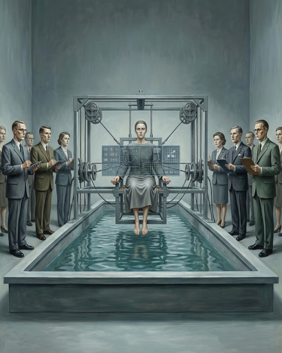 Ein surrealistisches Ölgemälde im Stil der Neuen Sachlichkeit: Eine moderne Interpretation der Hexenprobe, bei der eine Frau in einem futuristischen Apparat thront, umgeben von stehendem Wasser und einer Gruppe sachlich beobachtender Personen in Anzügen. Die Szene verbindet historische Anklänge an Aberglauben mit technokratischer Kälte und geometrischer Präzision.