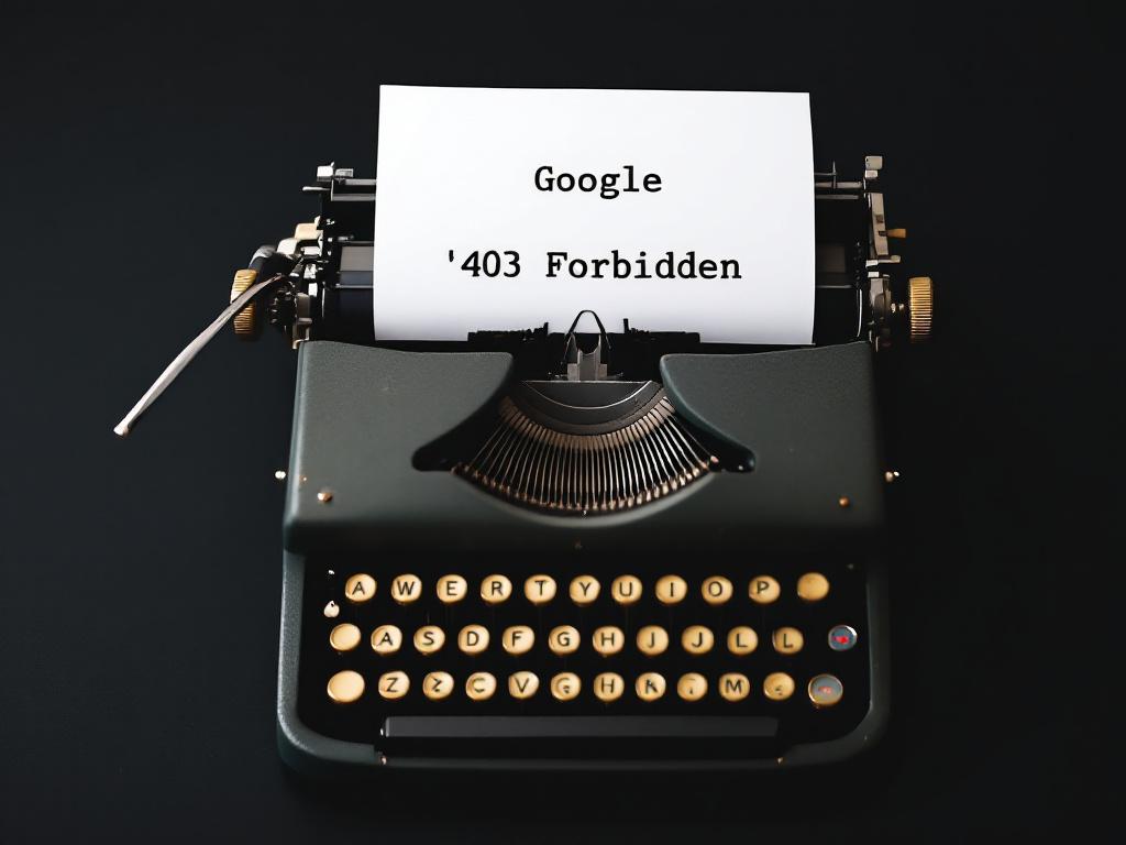 Eine alte mechanische Schreibmaschine mit eingelegtem Blatt Papier, auf dem die Google-Fehlermeldung ‚403 Forbidden‘ zu lesen ist. Das Bild symbolisiert den Kontrast zwischen analoger Technik und digitalen Barrieren – oder die Ironie, wenn selbst ein Suchmaschinenriese wie Google auf einer Vintage-Schreibmaschine ‚gesperrt‘ wird