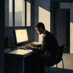Ölgemälde im Stil der Neuen Sachlichkeit: Eine Person sitzt vor einem leuchtenden Computerbildschirm in einem geometrisch konstruierten Raum. Harte Licht-Schatten-Kontraste, kühle Farbpalette in Stahl- und Grautönen, präzise Linienführung im Bauhaus-Stil.