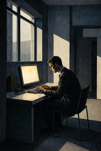 Ölgemälde im Stil der Neuen Sachlichkeit: Eine Person sitzt vor einem leuchtenden Computerbildschirm in einem geometrisch konstruierten Raum. Harte Licht-Schatten-Kontraste, kühle Farbpalette in Stahl- und Grautönen, präzise Linienführung im Bauhaus-Stil.