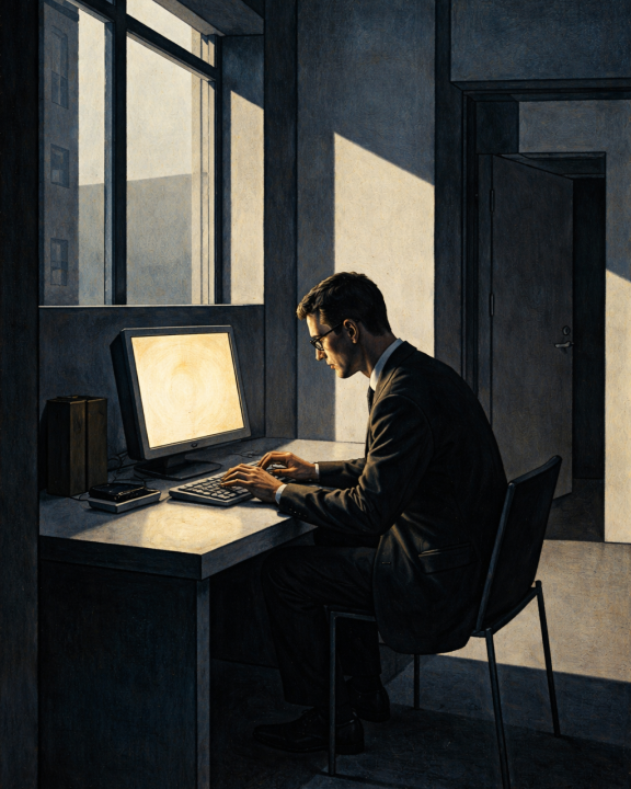 Ölgemälde im Stil der Neuen Sachlichkeit: Eine Person sitzt vor einem leuchtenden Computerbildschirm in einem geometrisch konstruierten Raum. Harte Licht-Schatten-Kontraste, kühle Farbpalette in Stahl- und Grautönen, präzise Linienführung im Bauhaus-Stil.