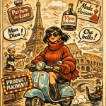 **Alt-Text:** „Satirische Comic-Illustration im Stil einer französischen Tageszeitung: Eine selbstbewusste Frau auf einem Vespa-Roller fährt durch eine surrealistische Mischung aus Paris und Rom, umgeben von übertriebenen Luxusmarken-Labels und Klischee-Sprechblasen. Die karikierte Szene spielt humorvoll mit europäischen Klischees, Werbung und der Ästhetik klassischer französischer Comics.“