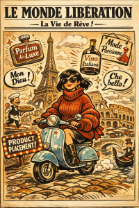 **Alt-Text:** „Satirische Comic-Illustration im Stil einer französischen Tageszeitung: Eine selbstbewusste Frau auf einem Vespa-Roller fährt durch eine surrealistische Mischung aus Paris und Rom, umgeben von übertriebenen Luxusmarken-Labels und Klischee-Sprechblasen. Die karikierte Szene spielt humorvoll mit europäischen Klischees, Werbung und der Ästhetik klassischer französischer Comics.“