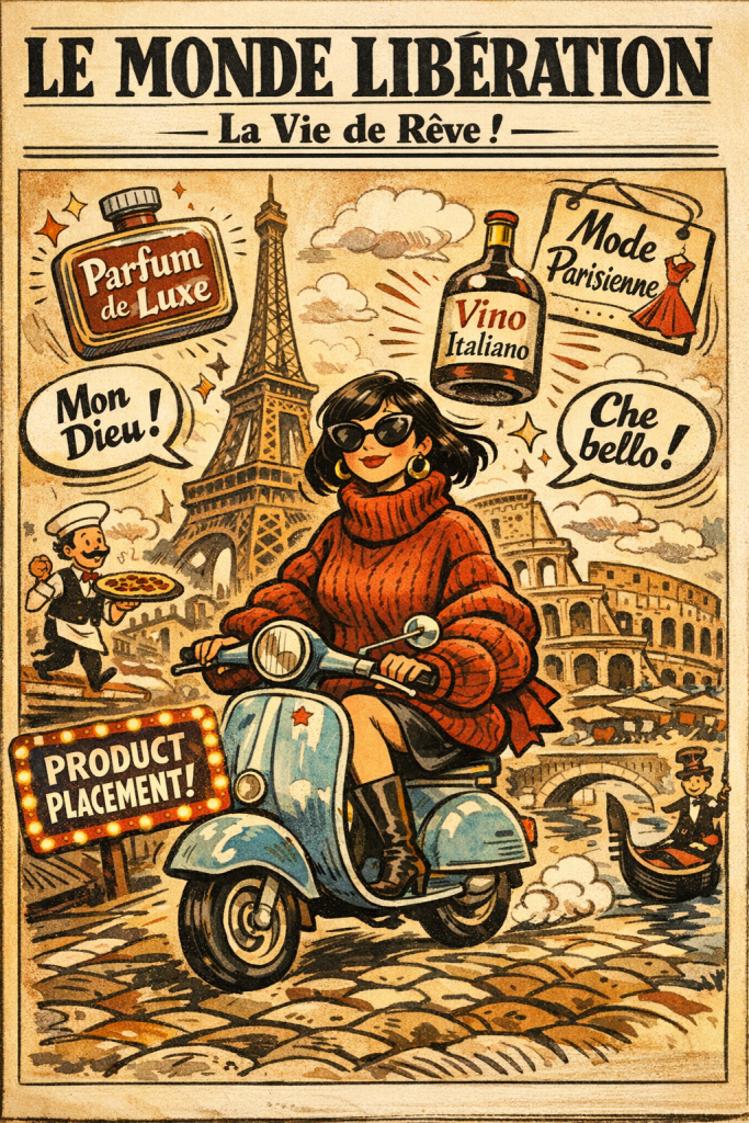 **Alt-Text:** „Satirische Comic-Illustration im Stil einer französischen Tageszeitung: Eine selbstbewusste Frau auf einem Vespa-Roller fährt durch eine surrealistische Mischung aus Paris und Rom, umgeben von übertriebenen Luxusmarken-Labels und Klischee-Sprechblasen. Die karikierte Szene spielt humorvoll mit europäischen Klischees, Werbung und der Ästhetik klassischer französischer Comics.“