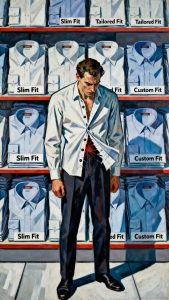Ölbild im Hochformat (9:16) im Stil der Neuen Sachlichkeit und des Bauhaus zeigt einen Mann in einem Bekleidungshaus vor einem Stapel nahezu identischer Slim-Fit-Hemden. Die Hemdenetiketten sind übergroß und prangen mit den Aufschriften „Slim Fit“, „Tailored Fit“ und „Custom Fit“. Der Mann wirkt frustriert, seine eigene Hemdknopfleiste spannt angespannt, als stünde eine Katastrophe kurz bevor. Die Szenerie ist geprägt von dokumentarischer Kälte, harter Kontrastwirkung, klaren Linien und geometrischer Strenge, in einer kühlen Farbpalette mit präziser Licht-Schatten-Modellierung, ganz im Geiste von Otto Dix und George Grosz.