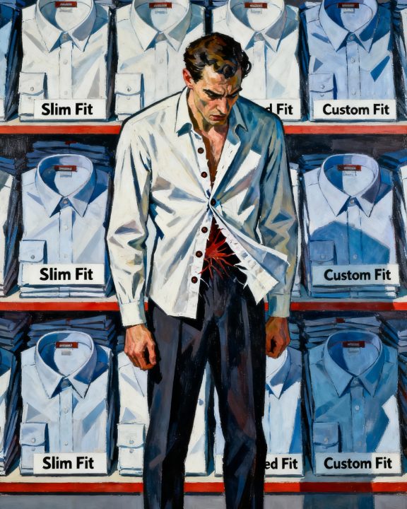 Ölbild im Hochformat (9:16) im Stil der Neuen Sachlichkeit und des Bauhaus zeigt einen Mann in einem Bekleidungshaus vor einem Stapel nahezu identischer Slim-Fit-Hemden. Die Hemdenetiketten sind übergroß und prangen mit den Aufschriften „Slim Fit“, „Tailored Fit“ und „Custom Fit“. Der Mann wirkt frustriert, seine eigene Hemdknopfleiste spannt angespannt, als stünde eine Katastrophe kurz bevor. Die Szenerie ist geprägt von dokumentarischer Kälte, harter Kontrastwirkung, klaren Linien und geometrischer Strenge, in einer kühlen Farbpalette mit präziser Licht-Schatten-Modellierung, ganz im Geiste von Otto Dix und George Grosz.