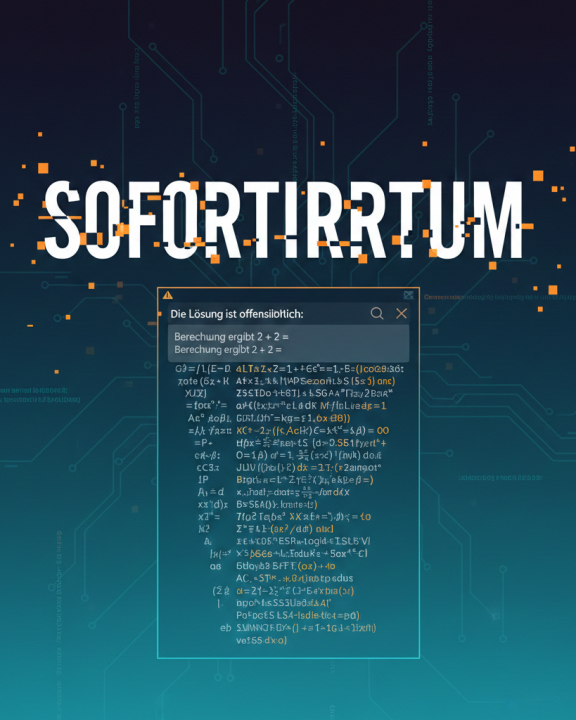 Abstrakte digitale Illustration mit dem großen Schriftzug „SOFORTIRRTUM“ auf dunklem, technikartigen Hintergrund aus Leiterbahnen; darunter ein schwebendes Fenster mit kryptischem Code und dem Hinweis „Die Lösung ist offensichtlich: Berechnung ergibt 2 + 2 =“, das einen logischen Kurzschluss und Fehlinterpretation symbolisiert.