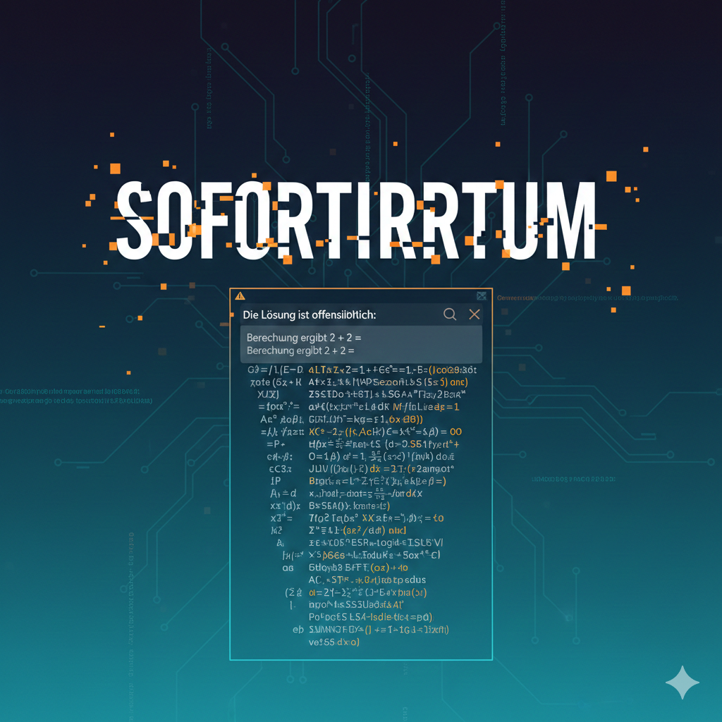 Abstrakte digitale Illustration mit dem großen Schriftzug „SOFORTIRRTUM“ auf dunklem, technikartigen Hintergrund aus Leiterbahnen; darunter ein schwebendes Fenster mit kryptischem Code und dem Hinweis „Die Lösung ist offensichtlich: Berechnung ergibt 2 + 2 =“, das einen logischen Kurzschluss und Fehlinterpretation symbolisiert.