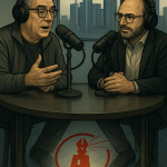 Zwei Männer sitzen mit Kopfhörern und Mikrofonen an einem Studiotisch vor der Frankfurter Skyline und sprechen mit spürbarem Herzblut in ein Podcast-Gespräch; auf dem Boden prangt das Logo von meiersworld.de.