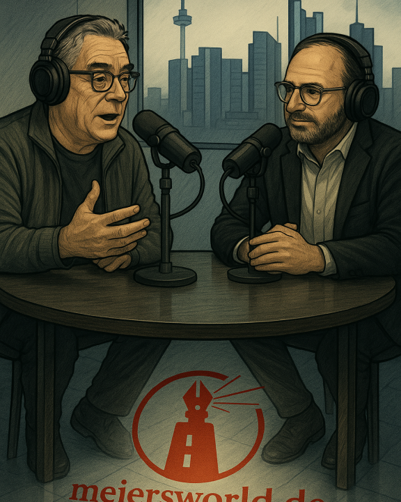 Zwei Männer sitzen mit Kopfhörern und Mikrofonen an einem Studiotisch vor der Frankfurter Skyline und sprechen mit spürbarem Herzblut in ein Podcast-Gespräch; auf dem Boden prangt das Logo von meiersworld.de.
