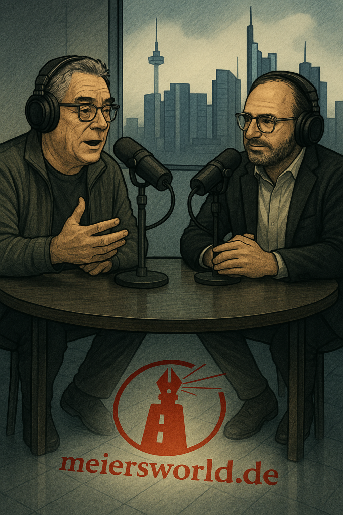Zwei Männer sitzen mit Kopfhörern und Mikrofonen an einem Studiotisch vor der Frankfurter Skyline und sprechen mit spürbarem Herzblut in ein Podcast-Gespräch; auf dem Boden prangt das Logo von meiersworld.de.