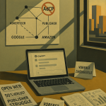 Ein künstlerisch gestaltetes Büro-Szenario mit dem Titel 'Geschlossene Systeme'. Im Vordergrund steht ein Laptop mit einem ChatGPT-Fenster, umgeben von Notizbüchern, Zeitungen und Zetteln mit Aufschriften wie 'Open Web – 50% Verlust Publisher Struggle' und 'Vorerst zurückgestellt'. An der Wand hängt ein Diagramm, das die Beziehungen zwischen Werbetreibenden, Verlegern, Google und Amazon zeigt, wobei AdCP durchgestrichen ist. Im Hintergrund ist ein Fenster mit einer Stadt-Silhouette bei Sonnenuntergang zu sehen.