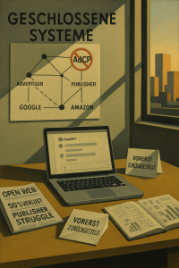 Ein künstlerisch gestaltetes Büro-Szenario mit dem Titel 'Geschlossene Systeme'. Im Vordergrund steht ein Laptop mit einem ChatGPT-Fenster, umgeben von Notizbüchern, Zeitungen und Zetteln mit Aufschriften wie 'Open Web – 50% Verlust Publisher Struggle' und 'Vorerst zurückgestellt'. An der Wand hängt ein Diagramm, das die Beziehungen zwischen Werbetreibenden, Verlegern, Google und Amazon zeigt, wobei AdCP durchgestrichen ist. Im Hintergrund ist ein Fenster mit einer Stadt-Silhouette bei Sonnenuntergang zu sehen.