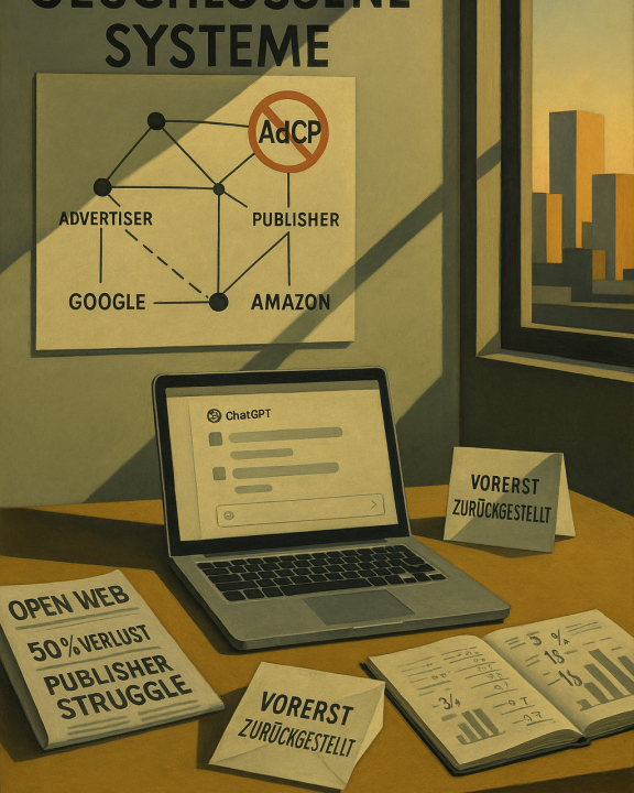 Ein künstlerisch gestaltetes Büro-Szenario mit dem Titel 'Geschlossene Systeme'. Im Vordergrund steht ein Laptop mit einem ChatGPT-Fenster, umgeben von Notizbüchern, Zeitungen und Zetteln mit Aufschriften wie 'Open Web – 50% Verlust Publisher Struggle' und 'Vorerst zurückgestellt'. An der Wand hängt ein Diagramm, das die Beziehungen zwischen Werbetreibenden, Verlegern, Google und Amazon zeigt, wobei AdCP durchgestrichen ist. Im Hintergrund ist ein Fenster mit einer Stadt-Silhouette bei Sonnenuntergang zu sehen.