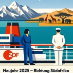 Digitale Illustration im Stil der Neuen Sachlichkeit und des Bauhaus: Ein modernes Kreuzfahrtschiff mit rot-weißen Schornsteinen und blau-weißem Rumpf fährt durch türkisfarbenes Wasser. Am Bug prangt das rote ZDF-Logo. Auf dem Deck stehen zwei stilisierte Figuren mit dem Rücken zum Betrachter: links eine Person in blauem Overall, rechts ein Kapitän in weißer Uniform mit Schirmmütze, beide in geometrisch reduzierten Formen dargestellt. Die Hintergrundlandschaft ist zweigeteilt: Links erheben sich schneebedeckte alpine Berggipfel in Weiß- und Grautönen mit scharfen, dreieckigen Konturen. Rechts erstreckt sich eine goldgelb-orangene afrikanische Savanne mit Sanddünen, einer charakteristischen Schirmakazie und Silhouetten von Elefanten und Giraffen. Drei weiße Möwen in V-Form schweben am hellblauen Himmel. Die Komposition ist streng horizontal gegliedert, die Farbpalette auf Primärfarben und Erdtöne reduziert. Am unteren Bildrand steht in schwarzer Schrift: "Neujahr 2025 – Richtung Südafrika". Die sachliche, fast technische Darstellung betont die geografische Absurdität der Szenerie ironisch.