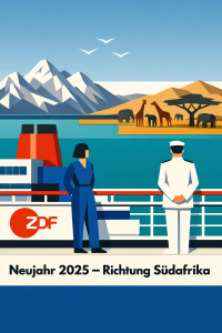 Digitale Illustration im Stil der Neuen Sachlichkeit und des Bauhaus: Ein modernes Kreuzfahrtschiff mit rot-weißen Schornsteinen und blau-weißem Rumpf fährt durch türkisfarbenes Wasser. Am Bug prangt das rote ZDF-Logo. Auf dem Deck stehen zwei stilisierte Figuren mit dem Rücken zum Betrachter: links eine Person in blauem Overall, rechts ein Kapitän in weißer Uniform mit Schirmmütze, beide in geometrisch reduzierten Formen dargestellt. Die Hintergrundlandschaft ist zweigeteilt: Links erheben sich schneebedeckte alpine Berggipfel in Weiß- und Grautönen mit scharfen, dreieckigen Konturen. Rechts erstreckt sich eine goldgelb-orangene afrikanische Savanne mit Sanddünen, einer charakteristischen Schirmakazie und Silhouetten von Elefanten und Giraffen. Drei weiße Möwen in V-Form schweben am hellblauen Himmel. Die Komposition ist streng horizontal gegliedert, die Farbpalette auf Primärfarben und Erdtöne reduziert. Am unteren Bildrand steht in schwarzer Schrift: "Neujahr 2025 – Richtung Südafrika". Die sachliche, fast technische Darstellung betont die geografische Absurdität der Szenerie ironisch.