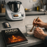 Ältere Hände rühren in einer Schüssel mit Teig in einer modernen Küche, während im Hintergrund ein Thermomix mit digitalem Display steht. Auf dem Küchentisch liegt das Buch ‚ASADO BBQ mit der PoloFamily – pure & authentic‘, daneben ein Smartphone mit einem KI-Avatar. Das Bild symbolisiert den Kontrast zwischen analoger Tradition (Asado, Handarbeit) und digitaler Moderne (KI, Küchentechnologie).