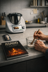 Ältere Hände rühren in einer Schüssel mit Teig in einer modernen Küche, während im Hintergrund ein Thermomix mit digitalem Display steht. Auf dem Küchentisch liegt das Buch ‚ASADO BBQ mit der PoloFamily – pure & authentic‘, daneben ein Smartphone mit einem KI-Avatar. Das Bild symbolisiert den Kontrast zwischen analoger Tradition (Asado, Handarbeit) und digitaler Moderne (KI, Küchentechnologie).
