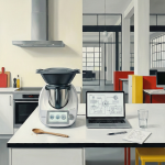 Fotorealistisches Gemälde einer weißen Kücheninsel, die als hybrider Arbeitsplatz dient. Ein Thermomix und ein Laptop, der ein AI-Diagramm anzeigt, stehen nebeneinander. Im Hintergrund geht eine moderne Küchenzeile nahtlos in ein helles Großraumbüro mit industrieller Architektur über.